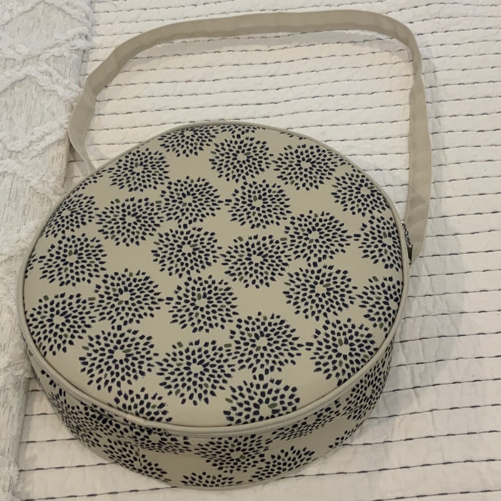 Stylish Cream and Black Patterned Round Bag for stitching projects.